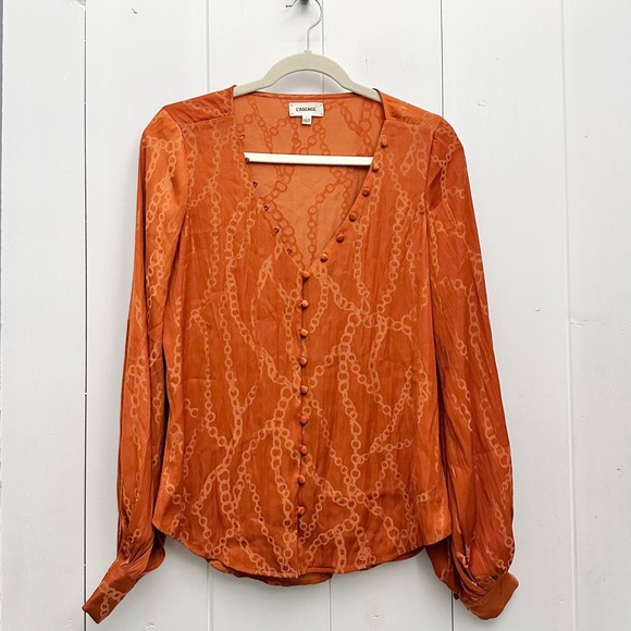 L’AGENCE Chain Print Blouson Sleeve Button Front Blouse In Rust Size Small - Picture 5 of 5